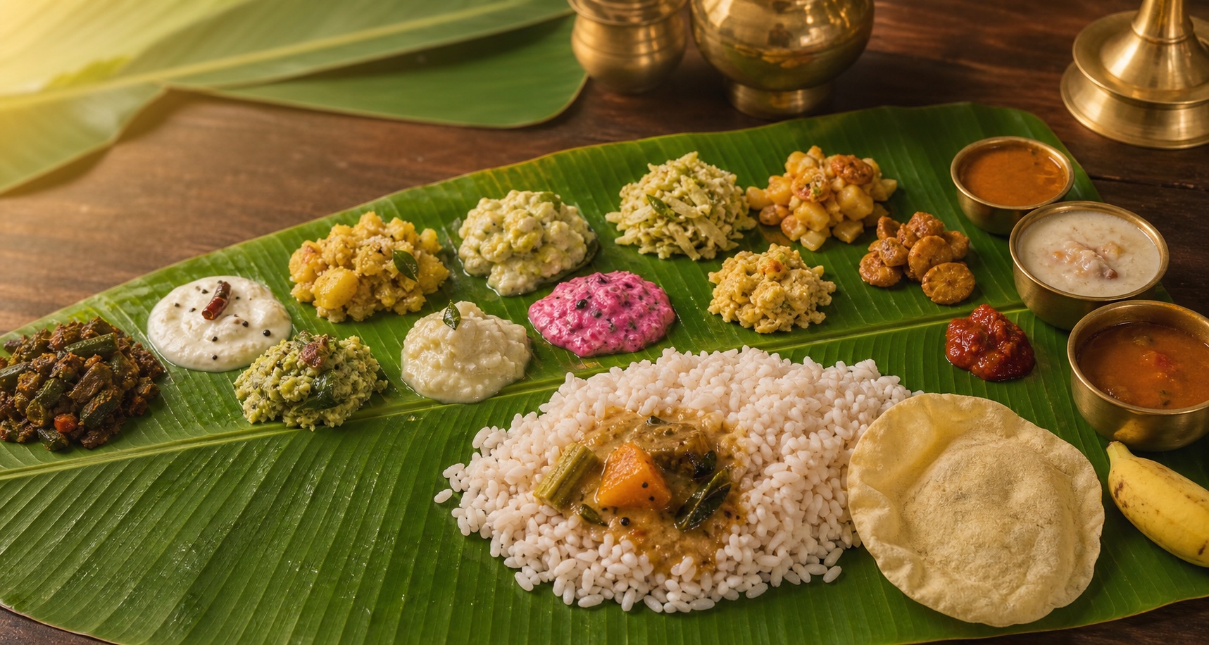 Traditional Kerala sadhya served on a banana leaf with brass uruli